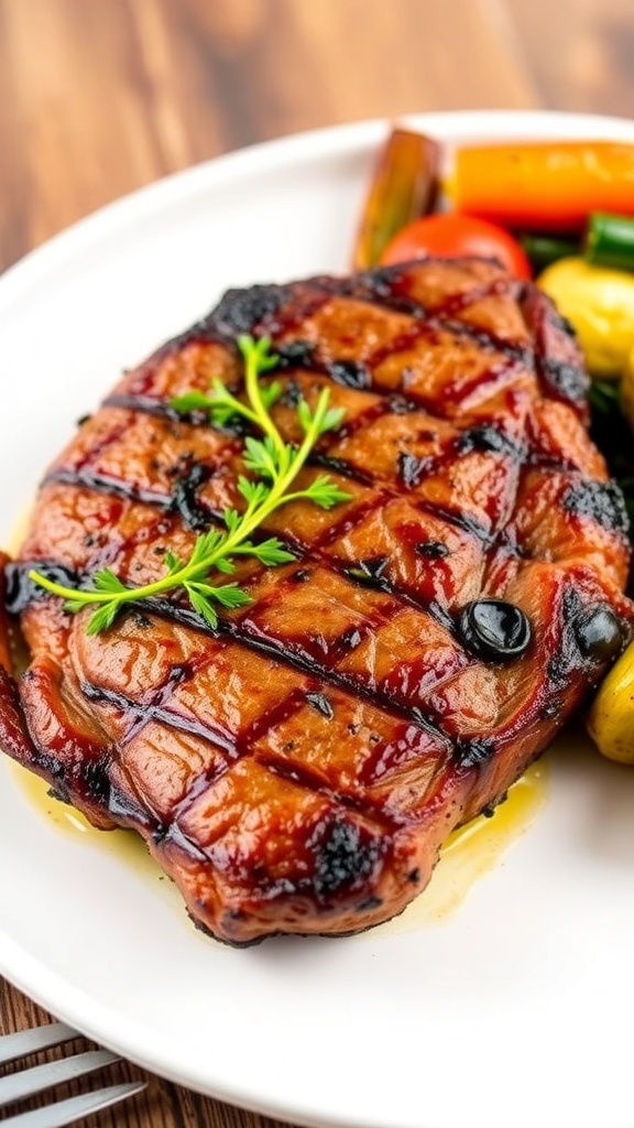 Juicy Air Fryer Steak Tenderloin Recipe Juicy air fryer steak tenderloin garnished with herbs on a plate with roasted vegetables.